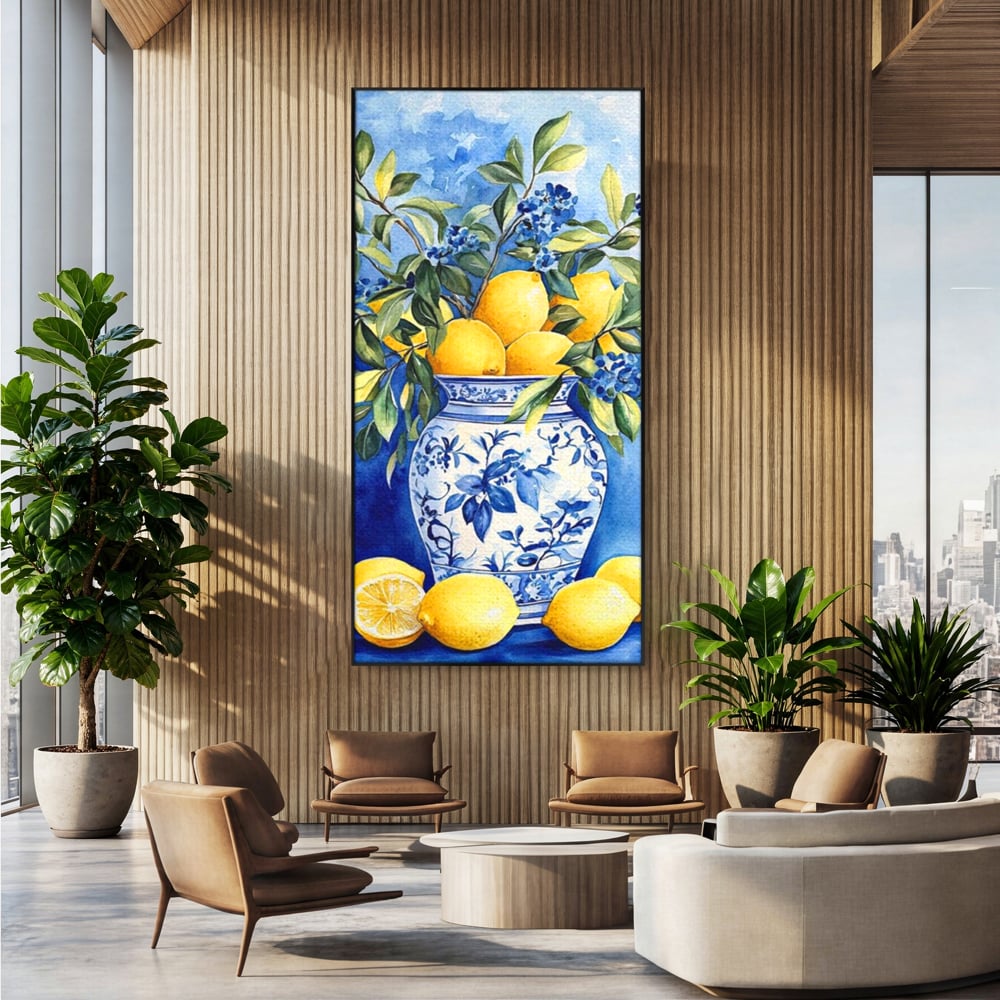 Leinwand Wandkunst Leinwand Premium, LuxCanva® N1069, Zitronenstrauß, Zitrusfrüchte, Zitrone, Zitrone, Vase, Keramik, Limonade, Blätter, Blumen, Malerei, Rustikal, Restaurant, Küche
