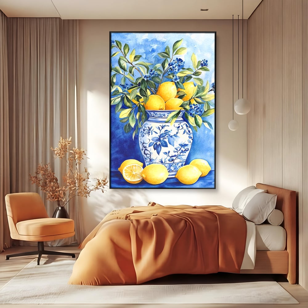 Leinwand Wandkunst Leinwand Premium, LuxCanva® N1069, Zitronenstrauß, Zitrusfrüchte, Zitrone, Zitrone, Vase, Keramik, Limonade, Blätter, Blumen, Malerei, Rustikal, Restaurant, Küche