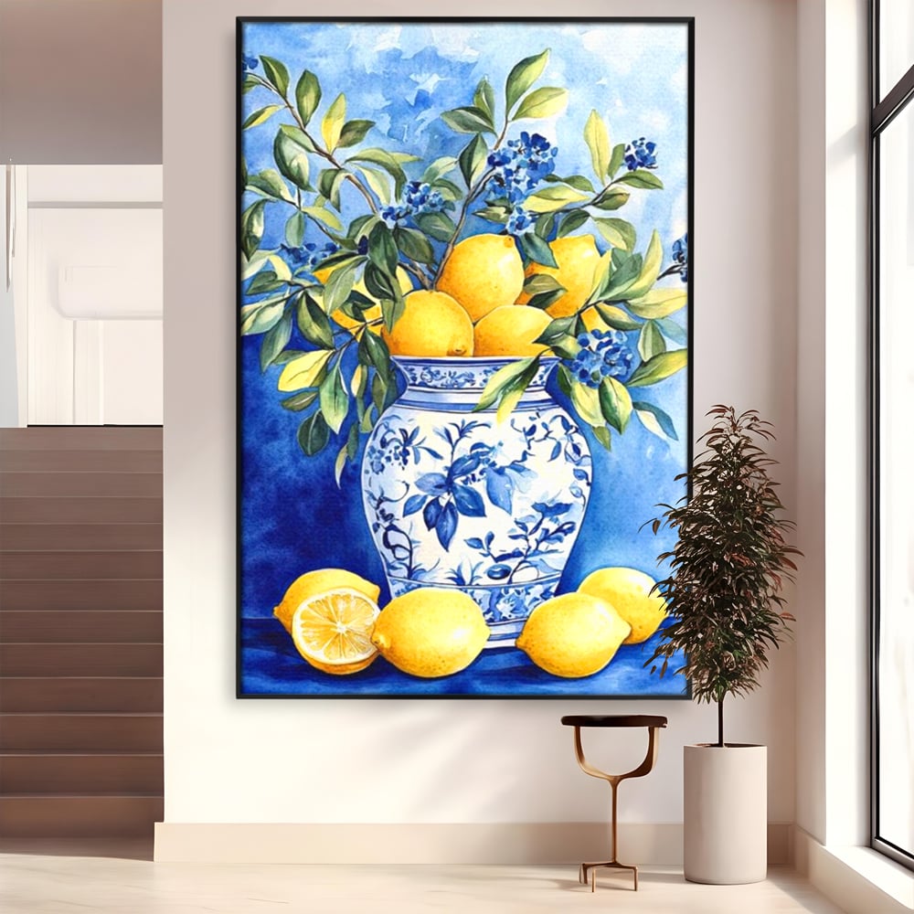 Leinwand Wandkunst Leinwand Premium, LuxCanva® N1069, Zitronenstrauß, Zitrusfrüchte, Zitrone, Zitrone, Vase, Keramik, Limonade, Blätter, Blumen, Malerei, Rustikal, Restaurant, Küche