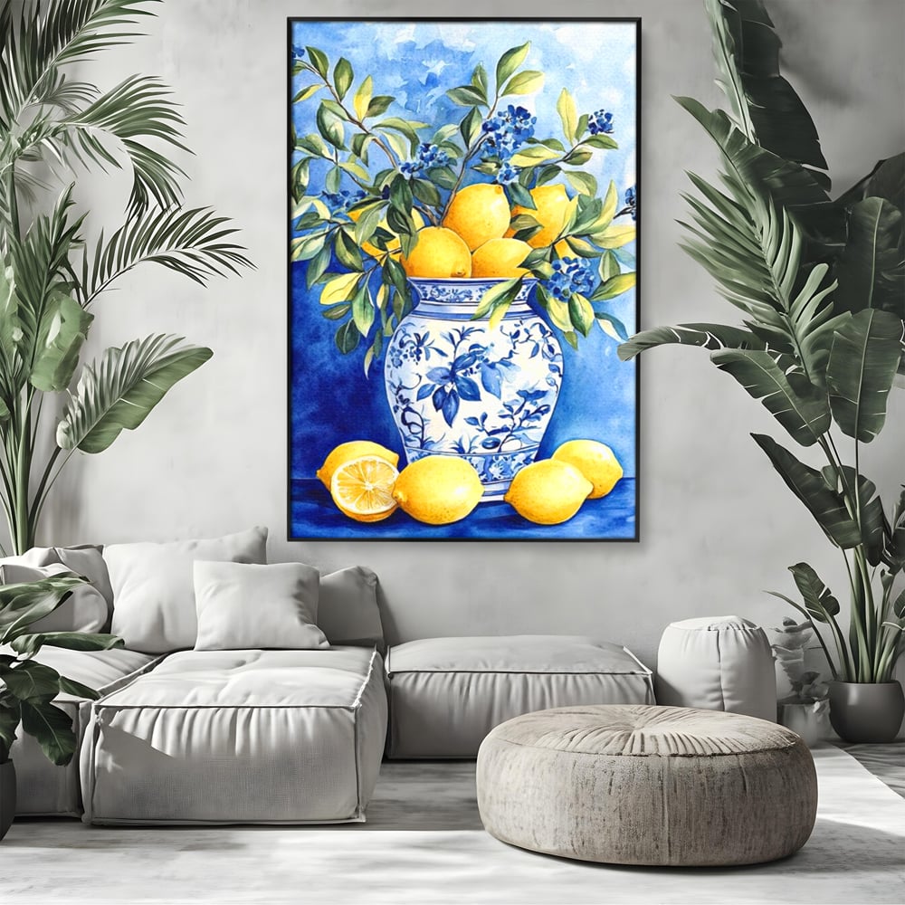 Leinwand Wandkunst Leinwand Premium, LuxCanva® N1069, Zitronenstrauß, Zitrusfrüchte, Zitrone, Zitrone, Vase, Keramik, Limonade, Blätter, Blumen, Malerei, Rustikal, Restaurant, Küche