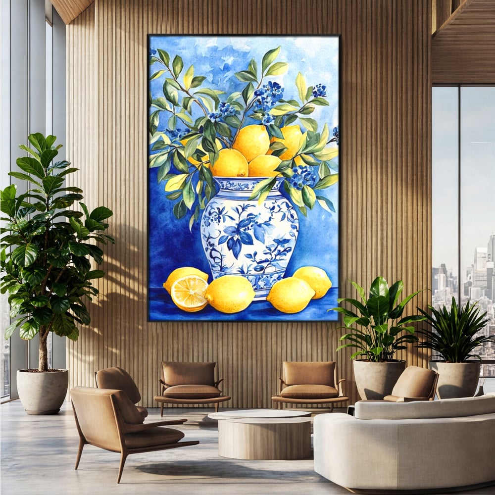 Leinwand Wandkunst Leinwand Premium, LuxCanva® N1069, Zitronenstrauß, Zitrusfrüchte, Zitrone, Zitrone, Vase, Keramik, Limonade, Blätter, Blumen, Malerei, Rustikal, Restaurant, Küche