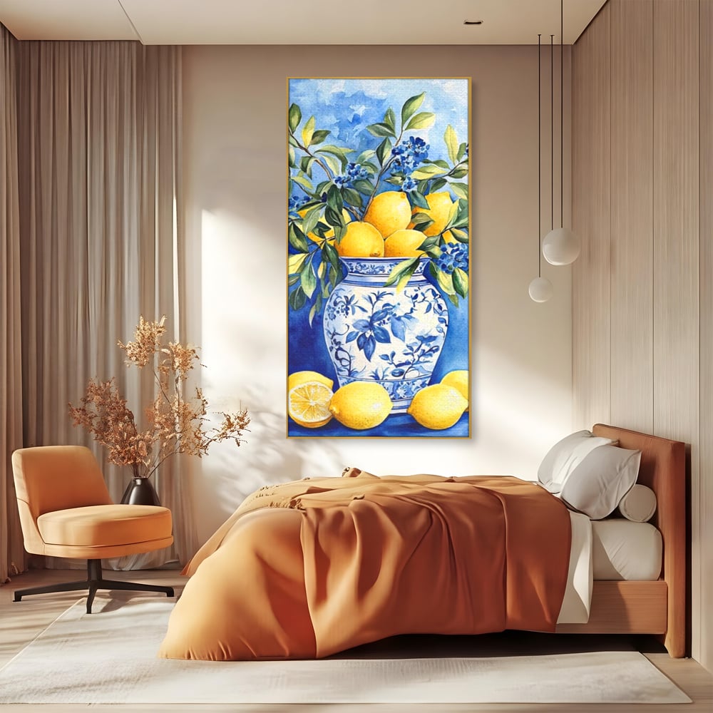 Leinwand Wandkunst Leinwand Premium, LuxCanva® N1069, Zitronenstrauß, Zitrusfrüchte, Zitrone, Zitrone, Vase, Keramik, Limonade, Blätter, Blumen, Malerei, Rustikal, Restaurant, Küche