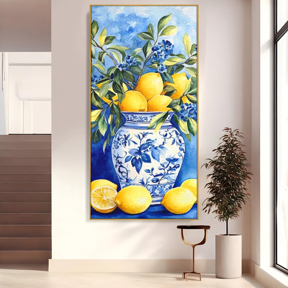 Leinwand Wandkunst Leinwand Premium, LuxCanva® N1069, Zitronenstrauß, Zitrusfrüchte, Zitrone, Zitrone, Vase, Keramik, Limonade, Blätter, Blumen, Malerei, Rustikal, Restaurant, Küche