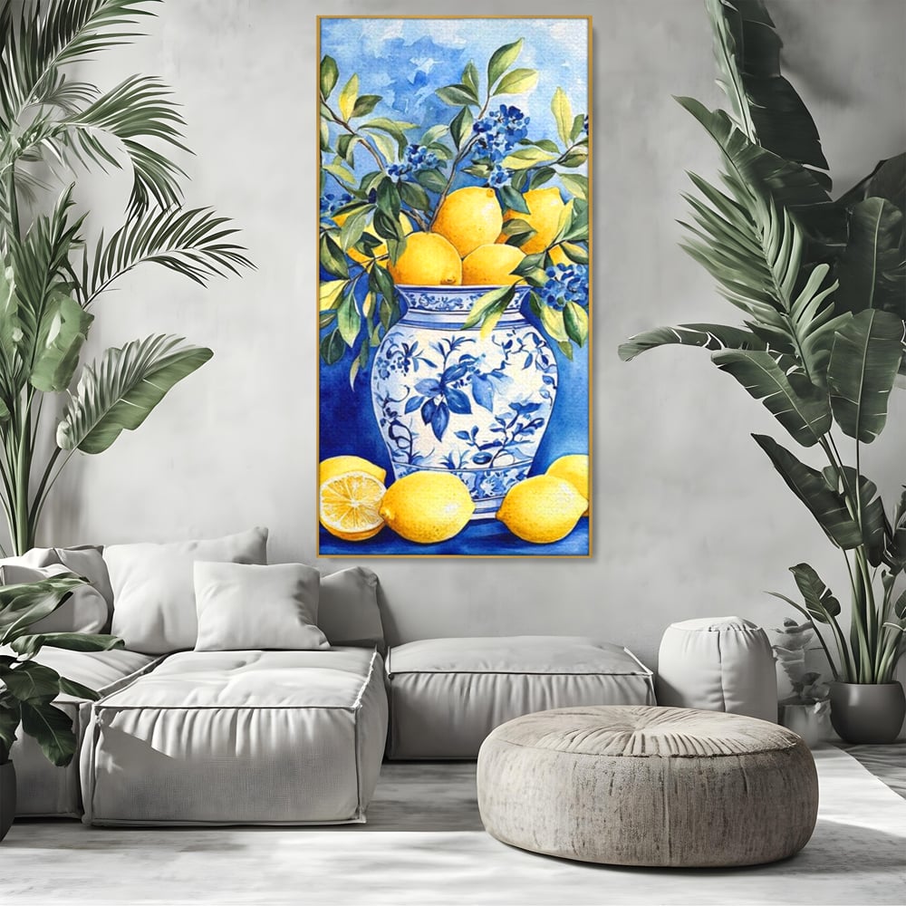 Leinwand Wandkunst Leinwand Premium, LuxCanva® N1069, Zitronenstrauß, Zitrusfrüchte, Zitrone, Zitrone, Vase, Keramik, Limonade, Blätter, Blumen, Malerei, Rustikal, Restaurant, Küche