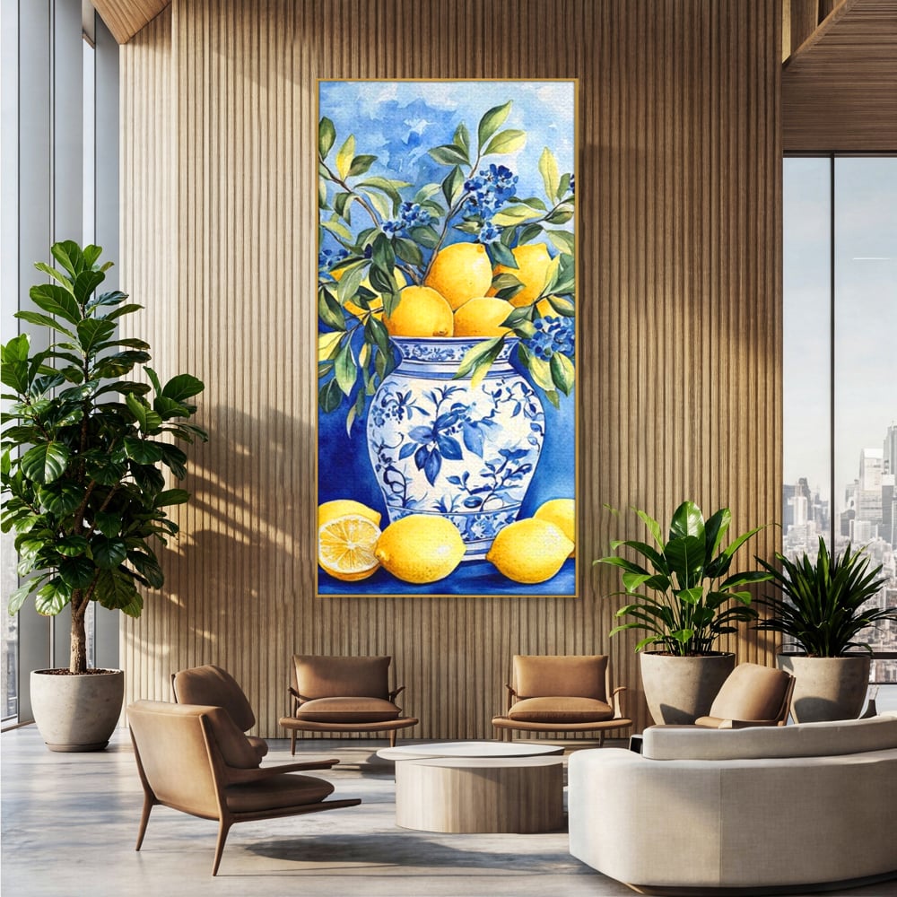Leinwand Wandkunst Leinwand Premium, LuxCanva® N1069, Zitronenstrauß, Zitrusfrüchte, Zitrone, Zitrone, Vase, Keramik, Limonade, Blätter, Blumen, Malerei, Rustikal, Restaurant, Küche