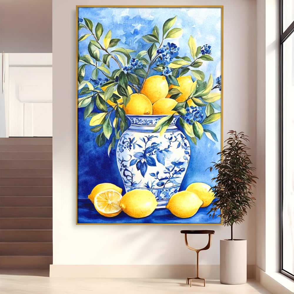 Leinwand Wandkunst Leinwand Premium, LuxCanva® N1069, Zitronenstrauß, Zitrusfrüchte, Zitrone, Zitrone, Vase, Keramik, Limonade, Blätter, Blumen, Malerei, Rustikal, Restaurant, Küche