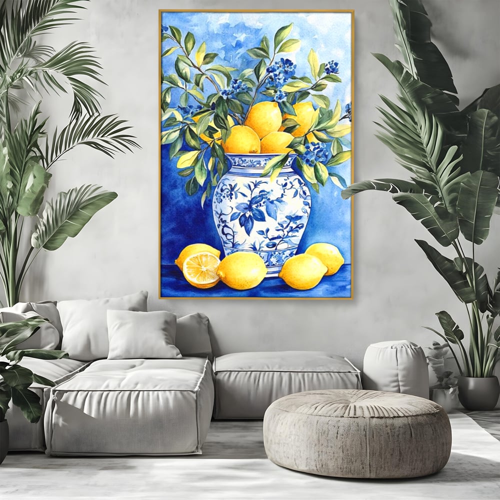 Leinwand Wandkunst Leinwand Premium, LuxCanva® N1069, Zitronenstrauß, Zitrusfrüchte, Zitrone, Zitrone, Vase, Keramik, Limonade, Blätter, Blumen, Malerei, Rustikal, Restaurant, Küche