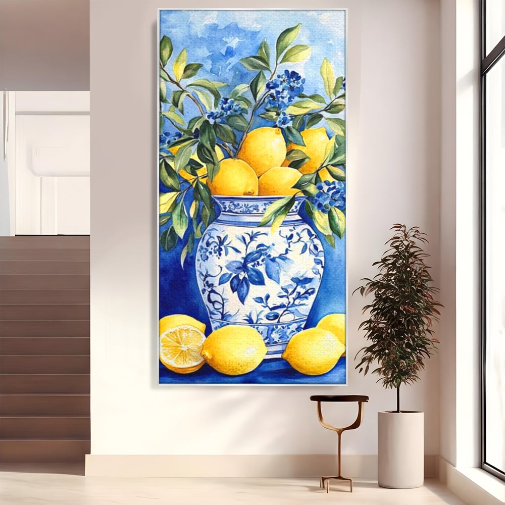 Leinwand Wandkunst Leinwand Premium, LuxCanva® N1069, Zitronenstrauß, Zitrusfrüchte, Zitrone, Zitrone, Vase, Keramik, Limonade, Blätter, Blumen, Malerei, Rustikal, Restaurant, Küche