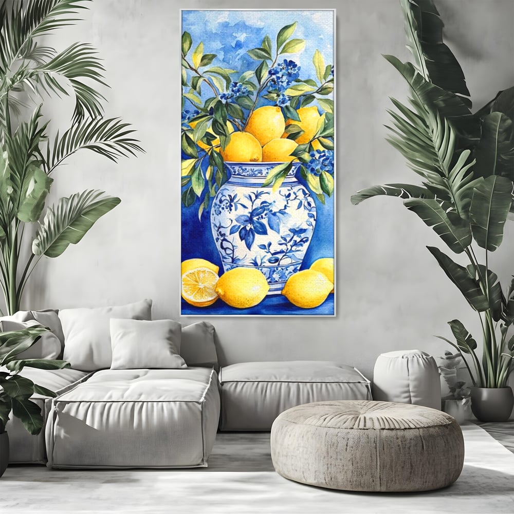 Leinwand Wandkunst Leinwand Premium, LuxCanva® N1069, Zitronenstrauß, Zitrusfrüchte, Zitrone, Zitrone, Vase, Keramik, Limonade, Blätter, Blumen, Malerei, Rustikal, Restaurant, Küche