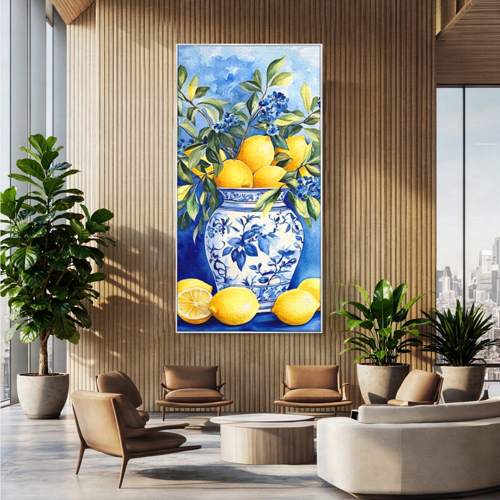 Leinwand Wandkunst Leinwand Premium, LuxCanva® N1069, Zitronenstrauß, Zitrusfrüchte, Zitrone, Zitrone, Vase, Keramik, Limonade, Blätter, Blumen, Malerei, Rustikal, Restaurant, Küche