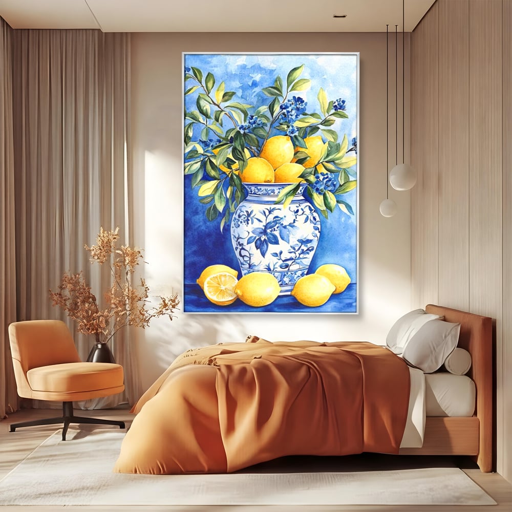 Leinwand Wandkunst Leinwand Premium, LuxCanva® N1069, Zitronenstrauß, Zitrusfrüchte, Zitrone, Zitrone, Vase, Keramik, Limonade, Blätter, Blumen, Malerei, Rustikal, Restaurant, Küche