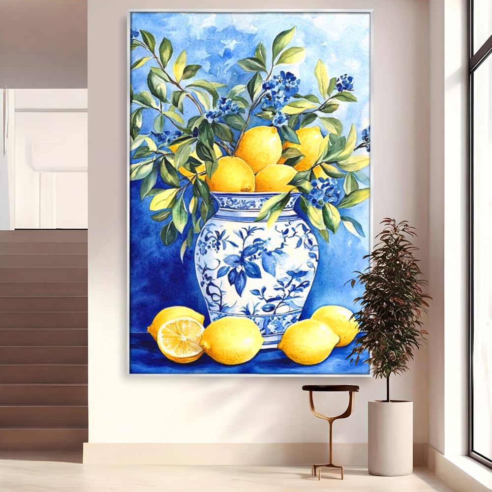 Leinwand Wandkunst Leinwand Premium, LuxCanva® N1069, Zitronenstrauß, Zitrusfrüchte, Zitrone, Zitrone, Vase, Keramik, Limonade, Blätter, Blumen, Malerei, Rustikal, Restaurant, Küche