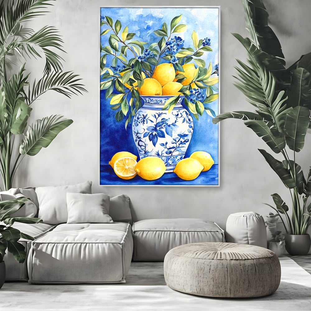 Leinwand Wandkunst Leinwand Premium, LuxCanva® N1069, Zitronenstrauß, Zitrusfrüchte, Zitrone, Zitrone, Vase, Keramik, Limonade, Blätter, Blumen, Malerei, Rustikal, Restaurant, Küche