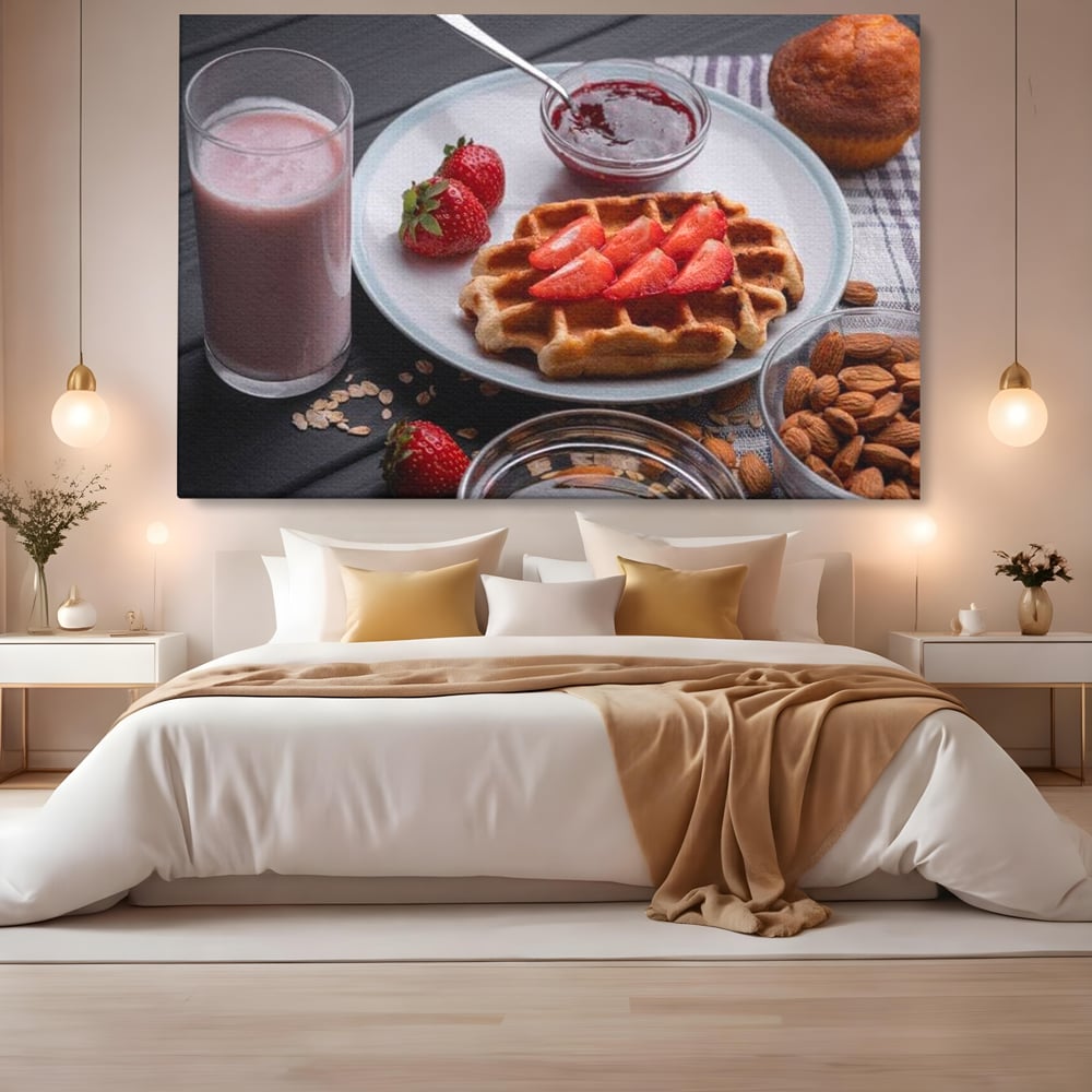 Tablou Canvas Premium, LuxCanva® N1070, Ritualul Dulce, Vafa, Capsuni, Gem, Milkshake, Briosa, Migdale, Rasfat, Mic Dejun, Gustare, Restaurant, Bucatarie