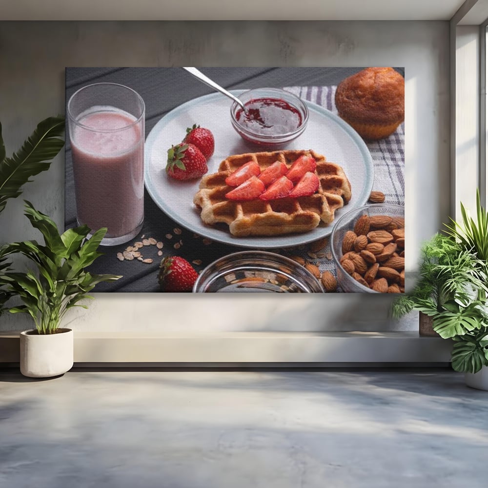 Tablou Canvas Premium, LuxCanva® N1070, Ritualul Dulce, Vafa, Capsuni, Gem, Milkshake, Briosa, Migdale, Rasfat, Mic Dejun, Gustare, Restaurant, Bucatarie