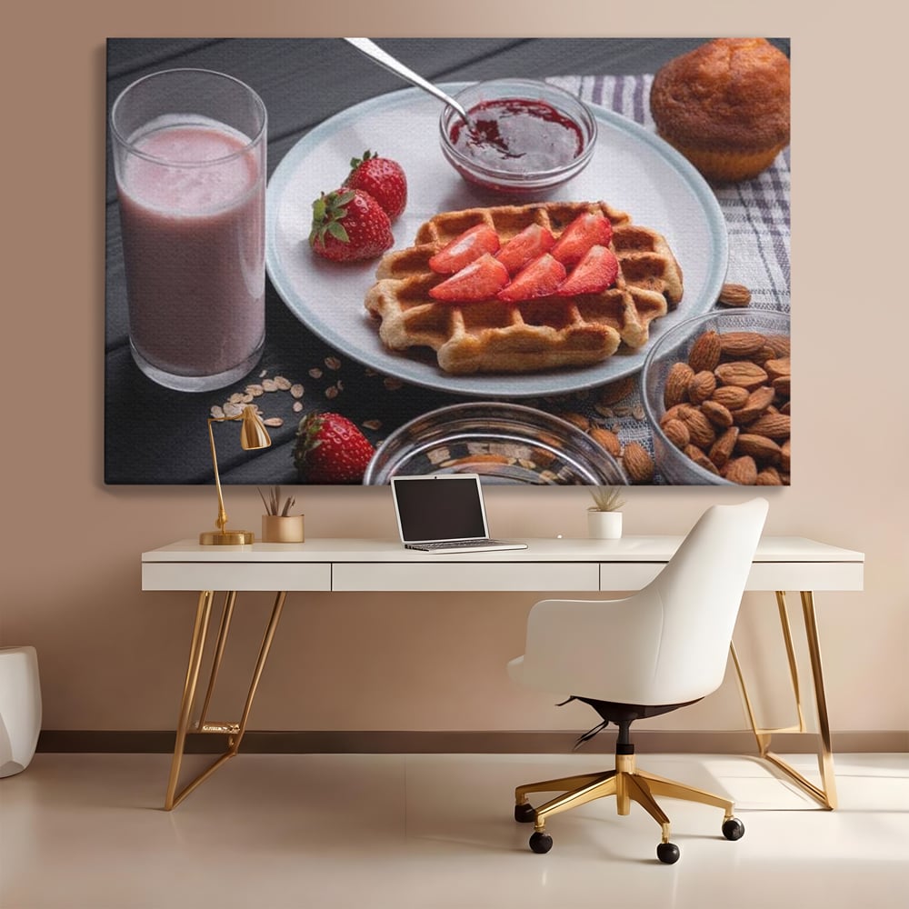Tablou Canvas Premium, LuxCanva® N1070, Ritualul Dulce, Vafa, Capsuni, Gem, Milkshake, Briosa, Migdale, Rasfat, Mic Dejun, Gustare, Restaurant, Bucatarie