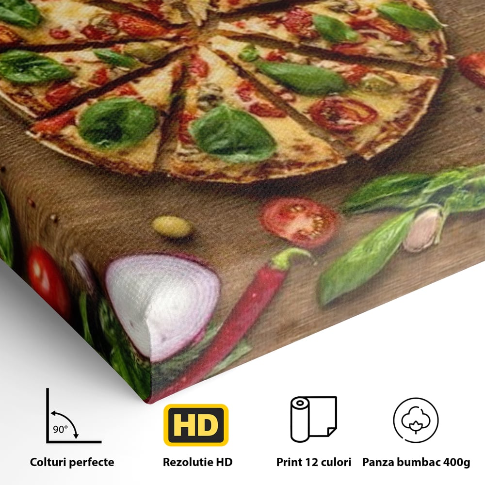 Tablou Canvas Premium, LuxCanva® N1071, Dragoste la Prima Felie, Pizza, Legume, Ingrediente, Italian, Delicios, Savoare, Gust, Pofta, Cina, Restaurant, Bucatarie