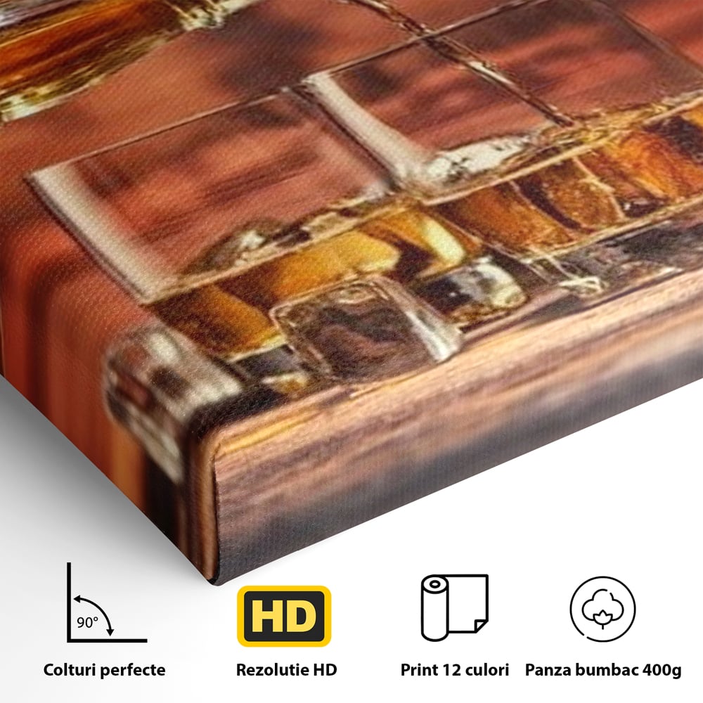 Tablou Canvas Premium, LuxCanva® N1072, Colectionarul de Arome, Whisky, Bautura, Pahare, Sticla, Gheata, Butoi, Tarie, Gust, Pub, Lounge, Bar, Restaurant, Bucatarie