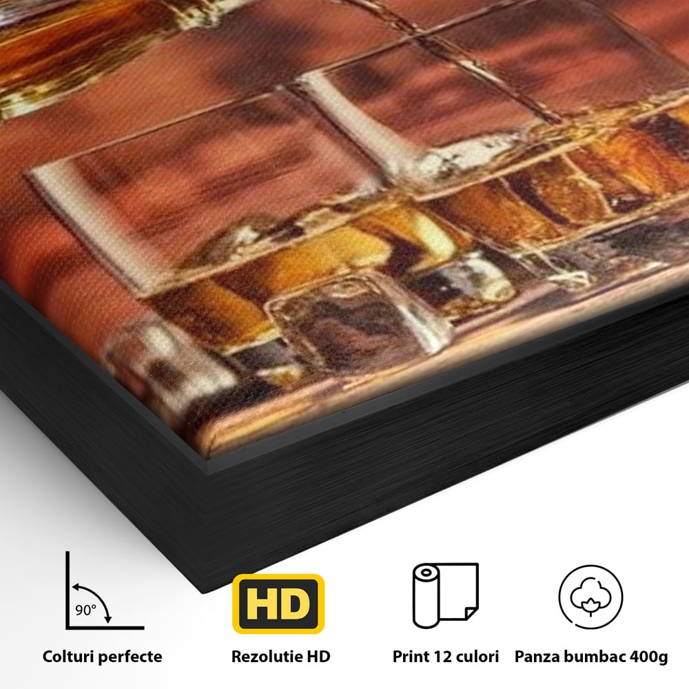 Tablou Canvas Premium, LuxCanva® N1072, Colectionarul de Arome, Whisky, Bautura, Pahare, Sticla, Gheata, Butoi, Tarie, Gust, Pub, Lounge, Bar, Restaurant, Bucatarie