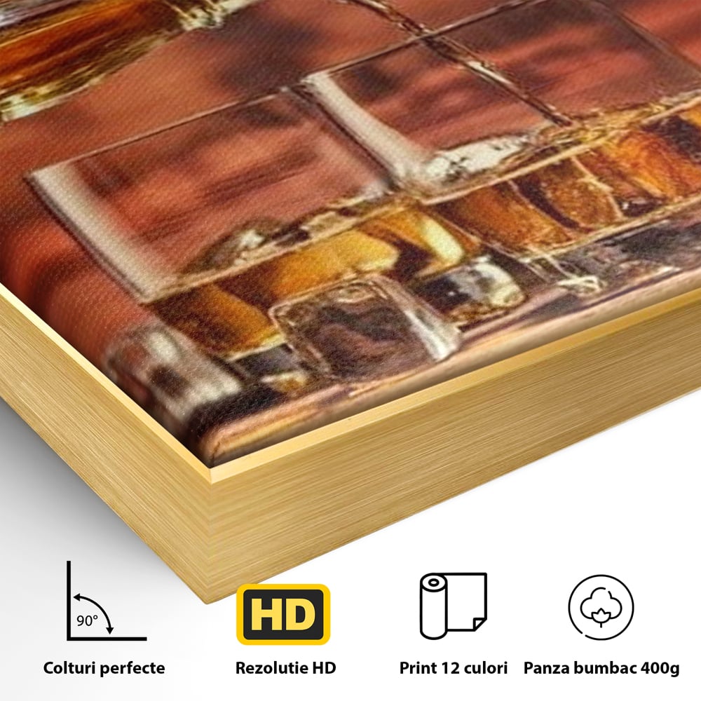 Tablou Canvas Premium, LuxCanva® N1072, Colectionarul de Arome, Whisky, Bautura, Pahare, Sticla, Gheata, Butoi, Tarie, Gust, Pub, Lounge, Bar, Restaurant, Bucatarie