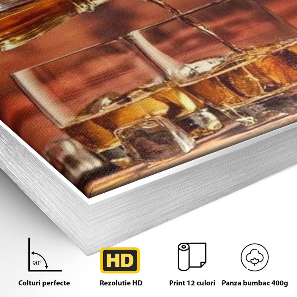 Tablou Canvas Premium, LuxCanva® N1072, Colectionarul de Arome, Whisky, Bautura, Pahare, Sticla, Gheata, Butoi, Tarie, Gust, Pub, Lounge, Bar, Restaurant, Bucatarie