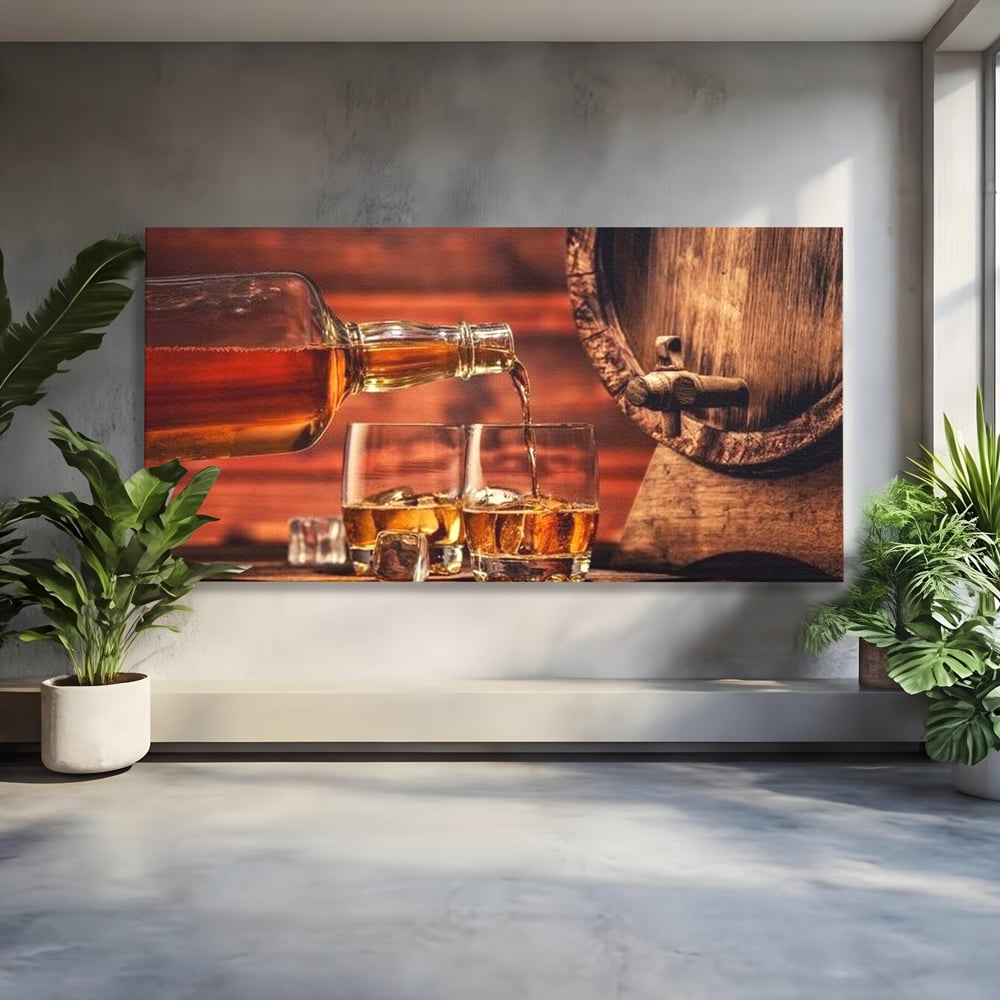 Tablou Canvas Premium, LuxCanva® N1072, Colectionarul de Arome, Whisky, Bautura, Pahare, Sticla, Gheata, Butoi, Tarie, Gust, Pub, Lounge, Bar, Restaurant, Bucatarie