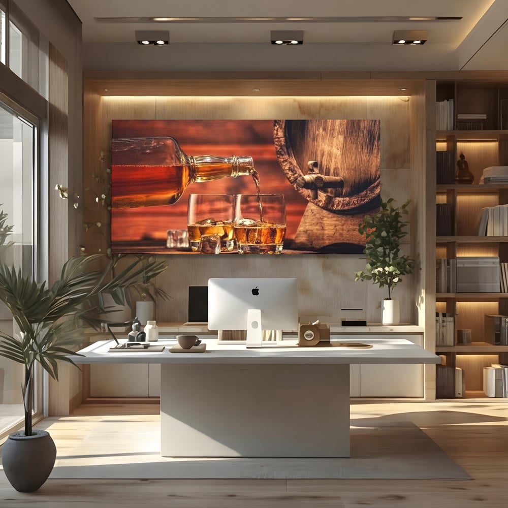 Tablou Canvas Premium, LuxCanva® N1072, Colectionarul de Arome, Whisky, Bautura, Pahare, Sticla, Gheata, Butoi, Tarie, Gust, Pub, Lounge, Bar, Restaurant, Bucatarie
