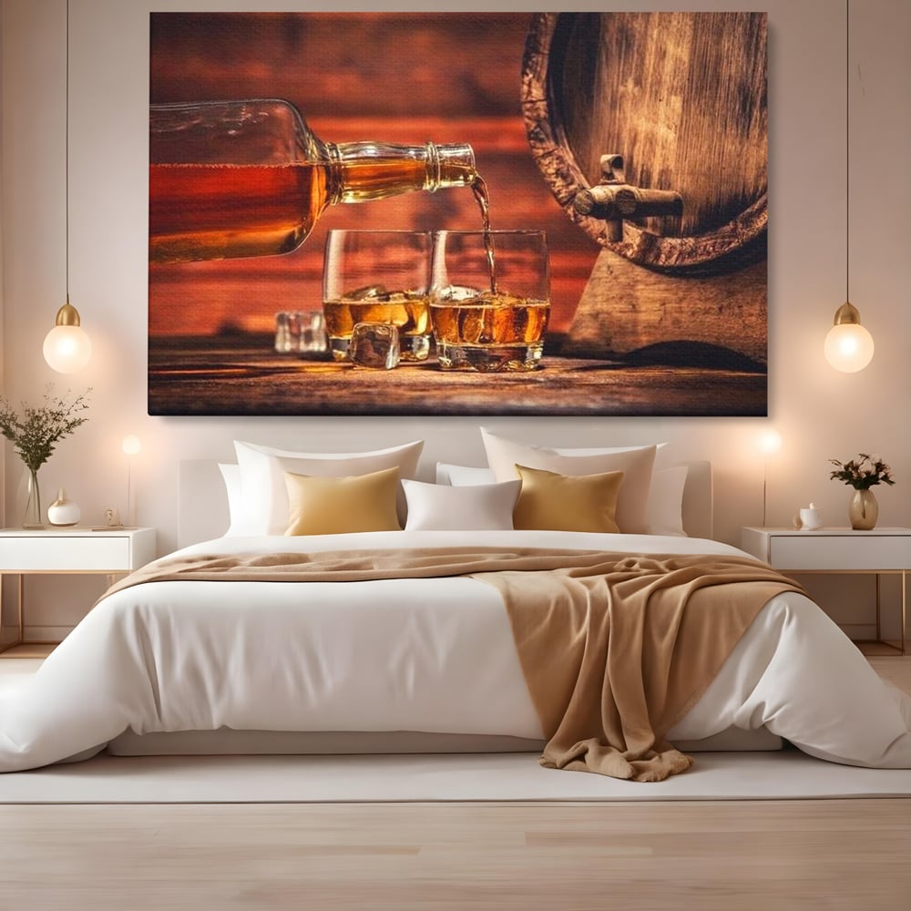 Tablou Canvas Premium, LuxCanva® N1072, Colectionarul de Arome, Whisky, Bautura, Pahare, Sticla, Gheata, Butoi, Tarie, Gust, Pub, Lounge, Bar, Restaurant, Bucatarie