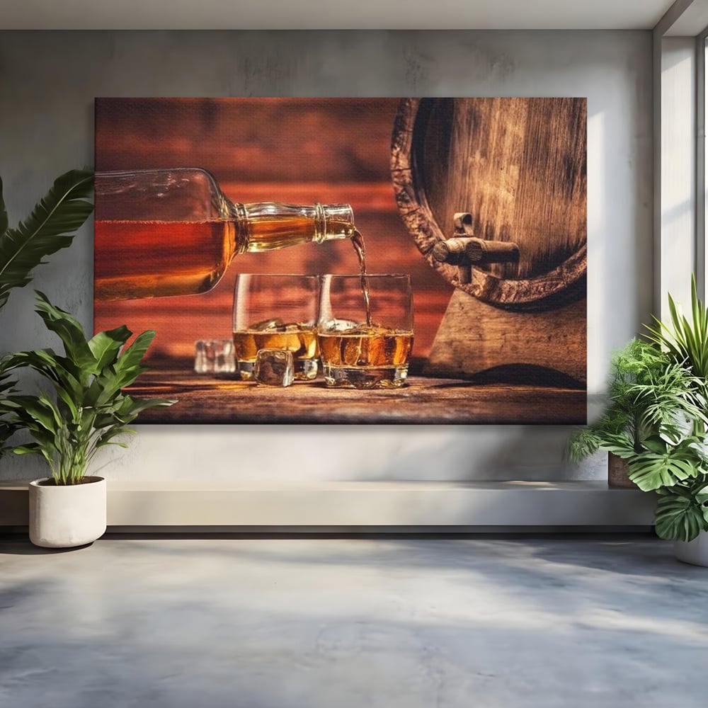 Tablou Canvas Premium, LuxCanva® N1072, Colectionarul de Arome, Whisky, Bautura, Pahare, Sticla, Gheata, Butoi, Tarie, Gust, Pub, Lounge, Bar, Restaurant, Bucatarie