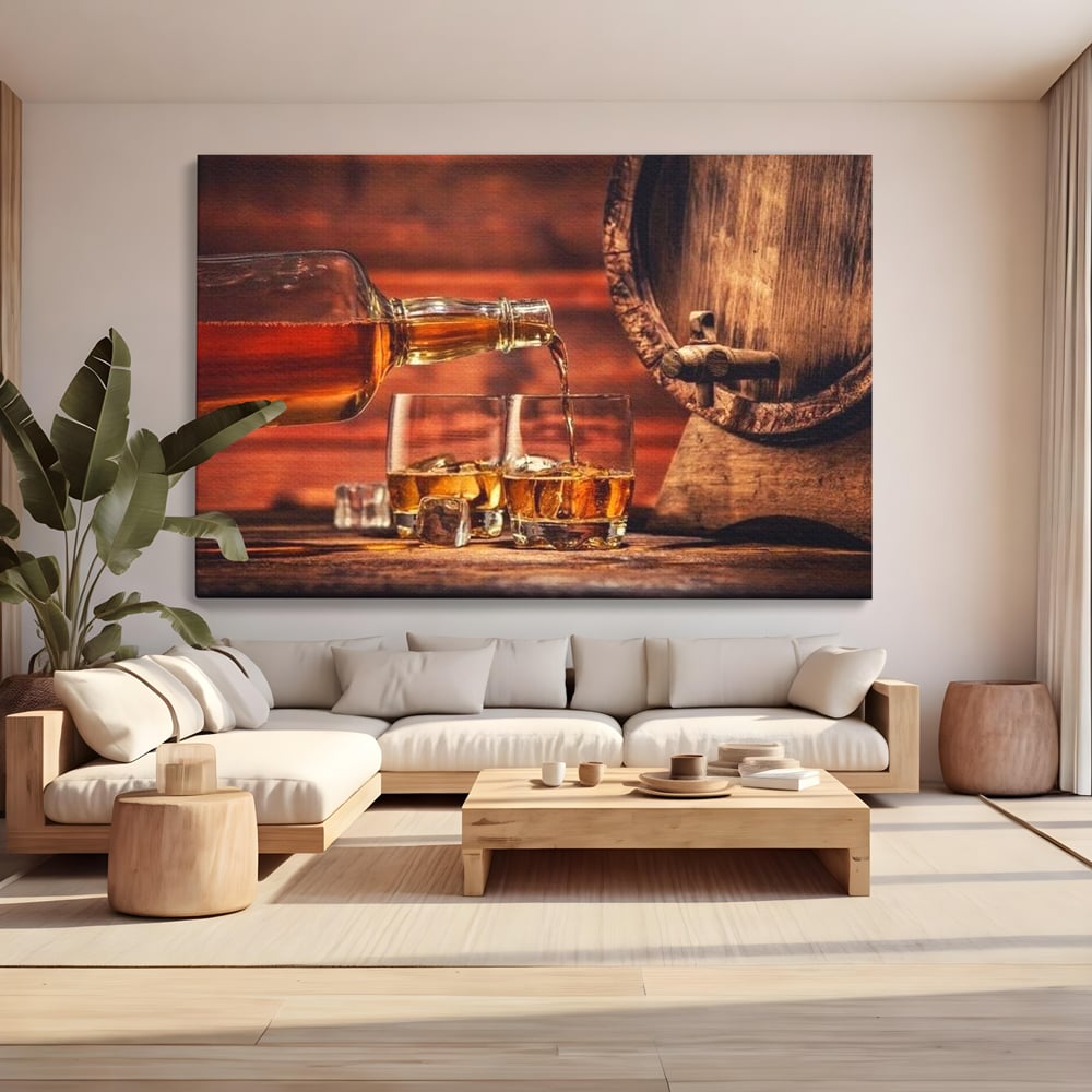 Tablou Canvas Premium, LuxCanva® N1072, Colectionarul de Arome, Whisky, Bautura, Pahare, Sticla, Gheata, Butoi, Tarie, Gust, Pub, Lounge, Bar, Restaurant, Bucatarie