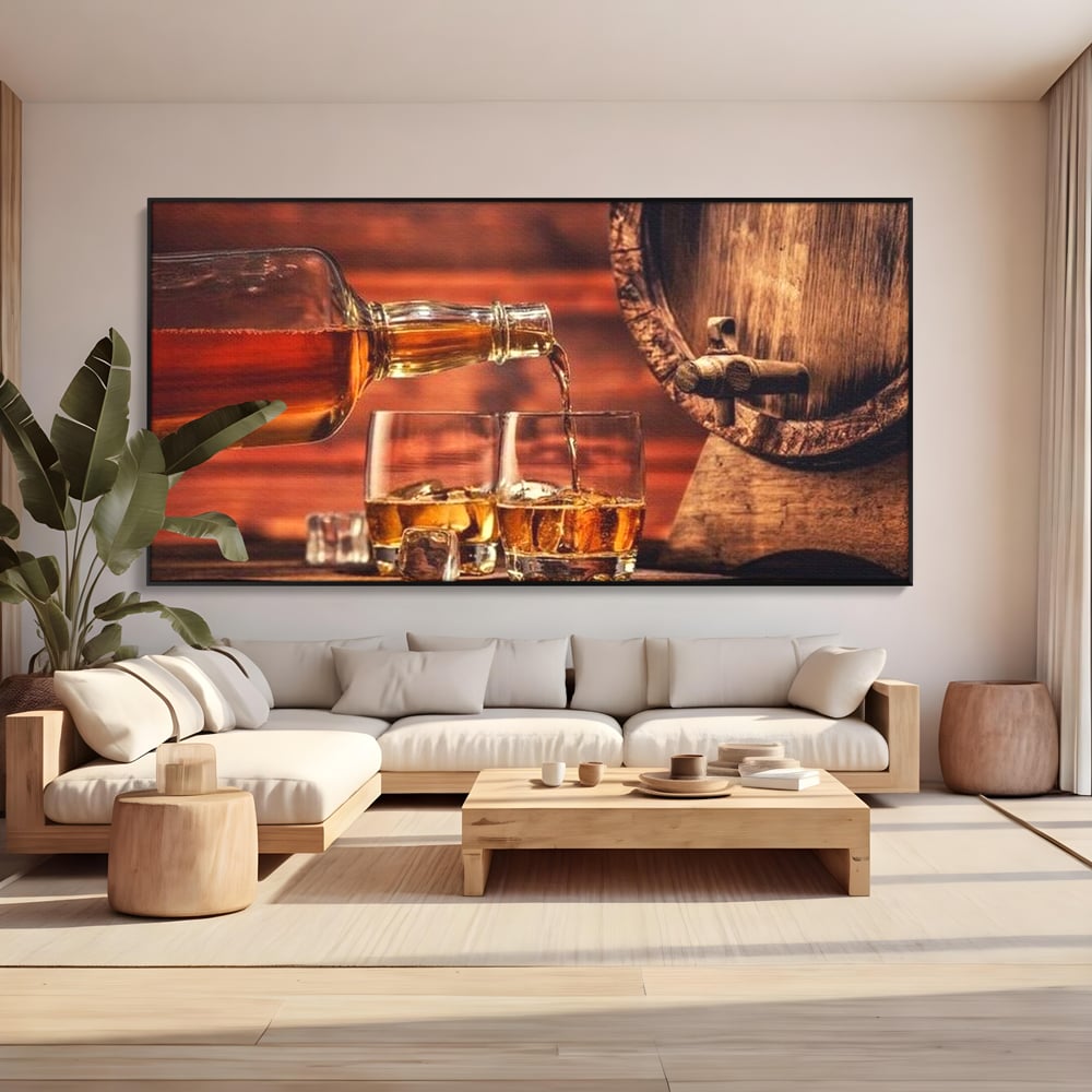 Tablou Canvas Premium, LuxCanva® N1072, Colectionarul de Arome, Whisky, Bautura, Pahare, Sticla, Gheata, Butoi, Tarie, Gust, Pub, Lounge, Bar, Restaurant, Bucatarie