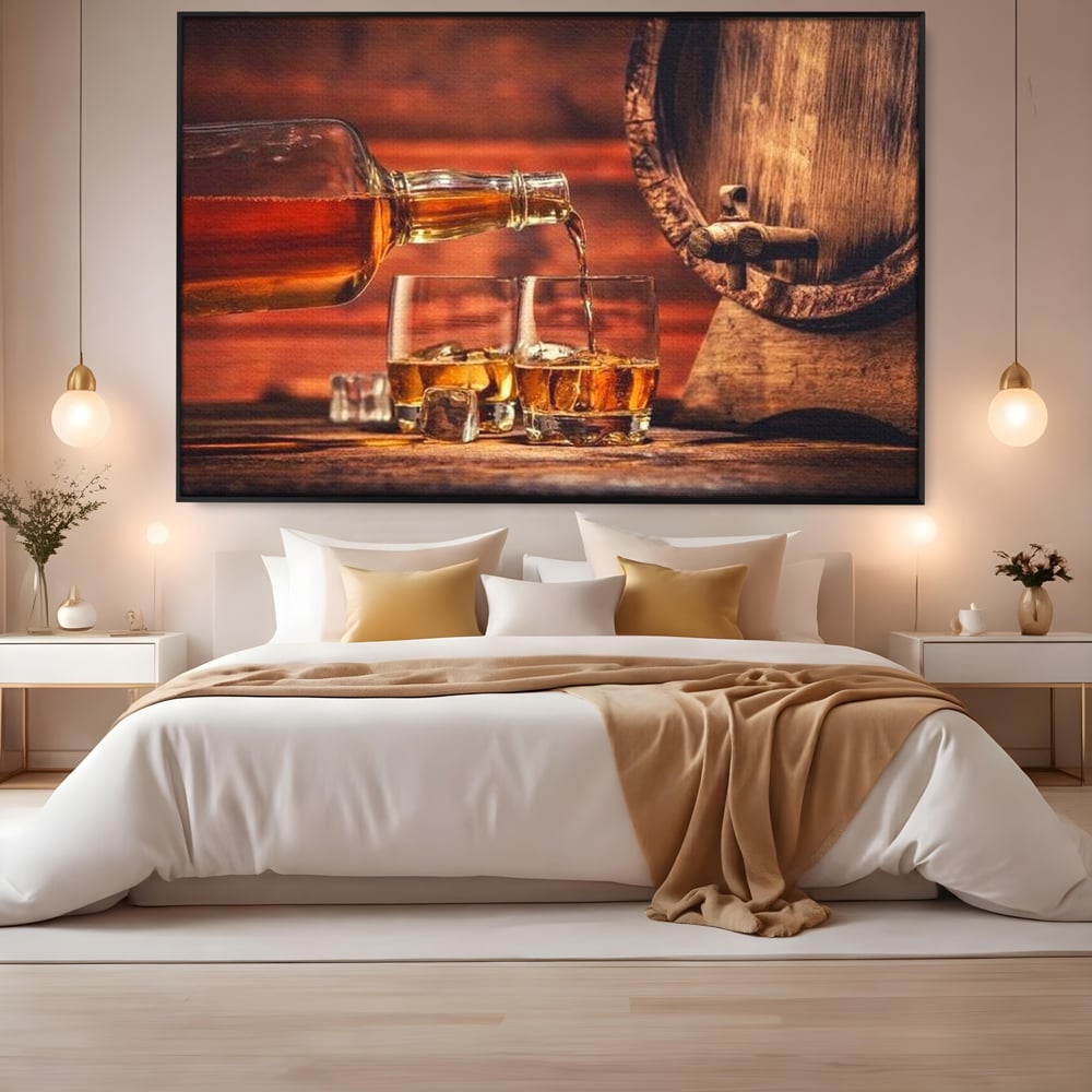 Tablou Canvas Premium, LuxCanva® N1072, Colectionarul de Arome, Whisky, Bautura, Pahare, Sticla, Gheata, Butoi, Tarie, Gust, Pub, Lounge, Bar, Restaurant, Bucatarie