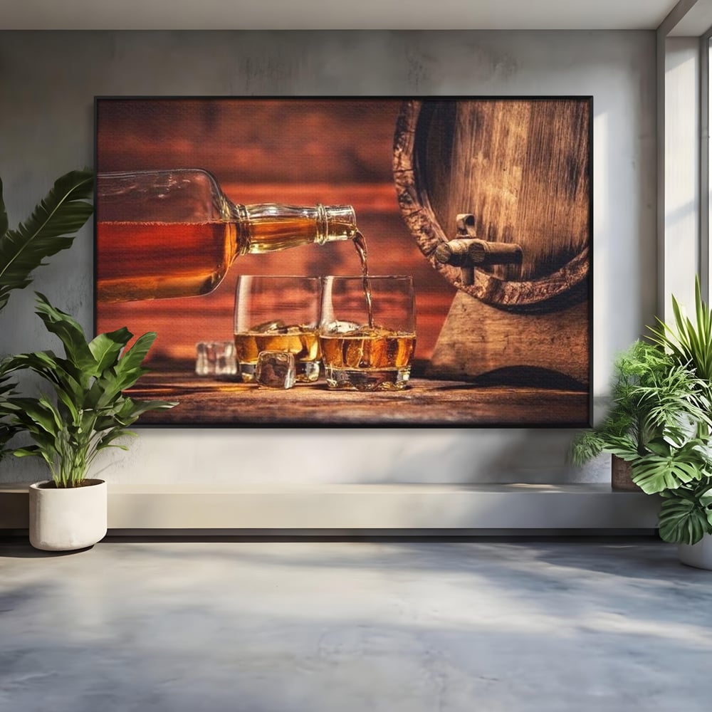 Tablou Canvas Premium, LuxCanva® N1072, Colectionarul de Arome, Whisky, Bautura, Pahare, Sticla, Gheata, Butoi, Tarie, Gust, Pub, Lounge, Bar, Restaurant, Bucatarie