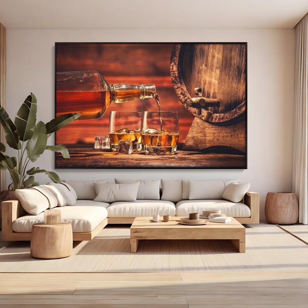 Tablou Canvas Premium, LuxCanva® N1072, Colectionarul de Arome, Whisky, Bautura, Pahare, Sticla, Gheata, Butoi, Tarie, Gust, Pub, Lounge, Bar, Restaurant, Bucatarie