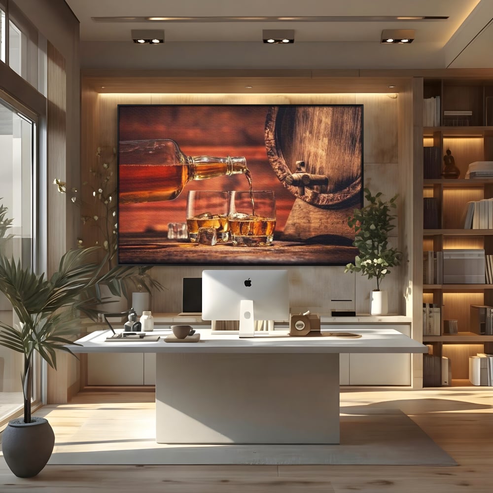 Tablou Canvas Premium, LuxCanva® N1072, Colectionarul de Arome, Whisky, Bautura, Pahare, Sticla, Gheata, Butoi, Tarie, Gust, Pub, Lounge, Bar, Restaurant, Bucatarie