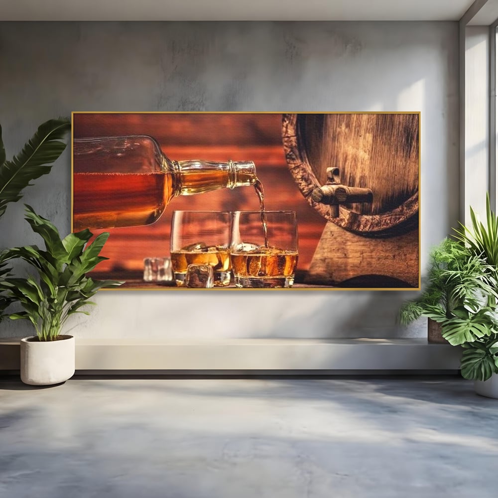 Tablou Canvas Premium, LuxCanva® N1072, Colectionarul de Arome, Whisky, Bautura, Pahare, Sticla, Gheata, Butoi, Tarie, Gust, Pub, Lounge, Bar, Restaurant, Bucatarie
