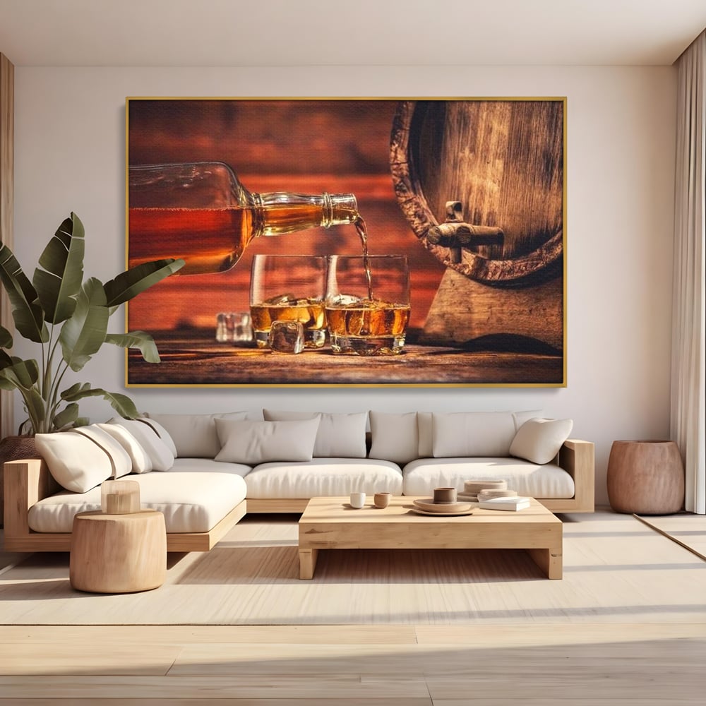 Tablou Canvas Premium, LuxCanva® N1072, Colectionarul de Arome, Whisky, Bautura, Pahare, Sticla, Gheata, Butoi, Tarie, Gust, Pub, Lounge, Bar, Restaurant, Bucatarie