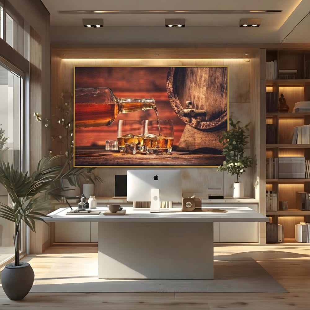 Tablou Canvas Premium, LuxCanva® N1072, Colectionarul de Arome, Whisky, Bautura, Pahare, Sticla, Gheata, Butoi, Tarie, Gust, Pub, Lounge, Bar, Restaurant, Bucatarie