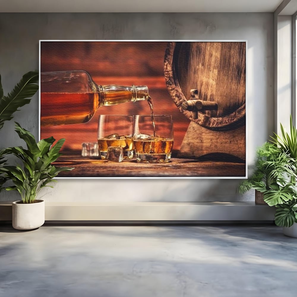 Tablou Canvas Premium, LuxCanva® N1072, Colectionarul de Arome, Whisky, Bautura, Pahare, Sticla, Gheata, Butoi, Tarie, Gust, Pub, Lounge, Bar, Restaurant, Bucatarie