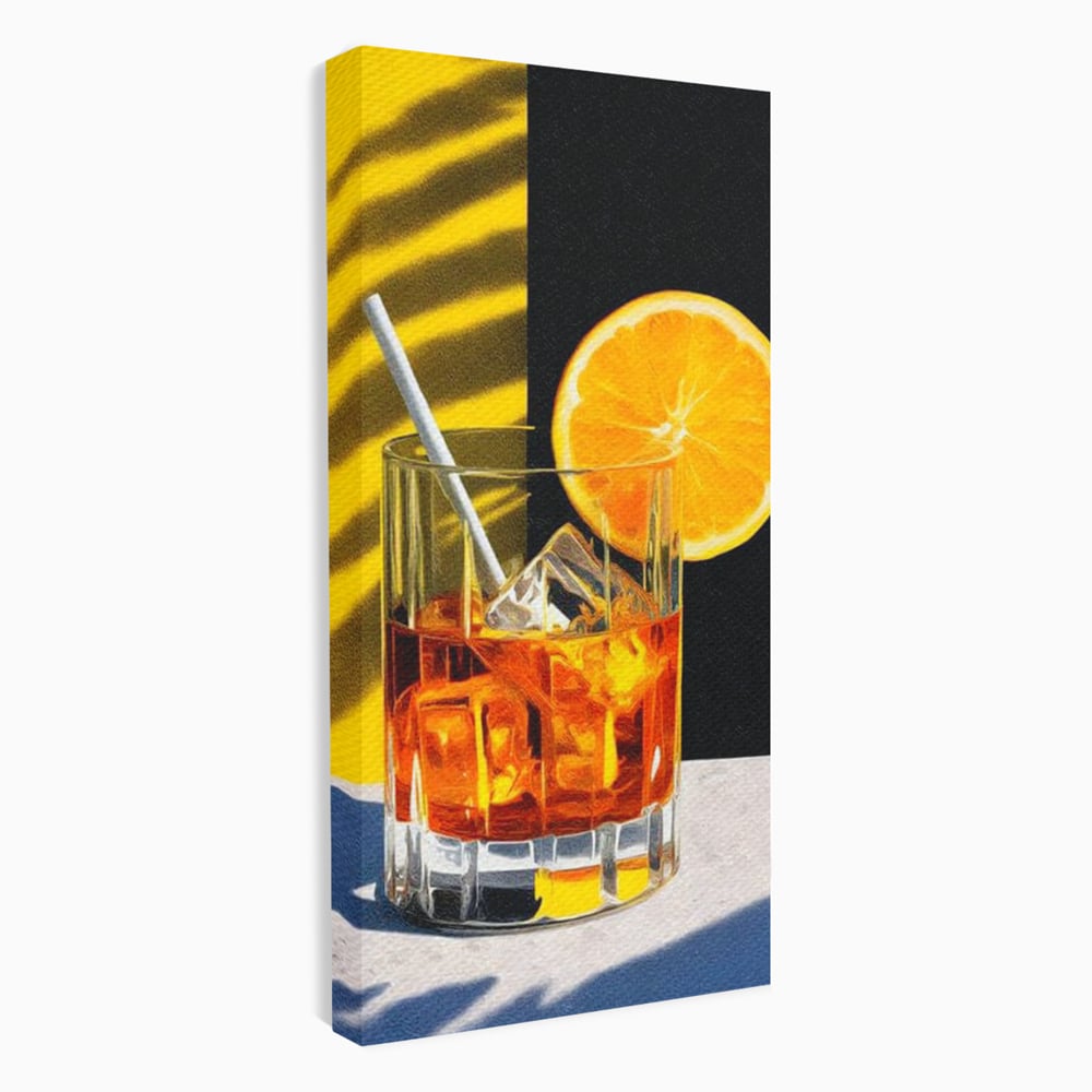 Tablou Canvas Premium, LuxCanva® N1075, Cocktailul Soarelui, Portocala, Felie, Pahar, Cocktail, Bautura, Gheata, Racoritor, Vara, Vacanta, Pub, Bar, Lounge, Restaurant, Bucatarie