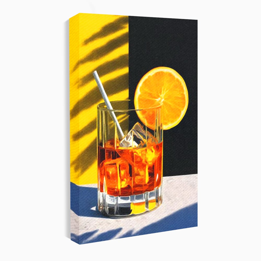 Tablou Canvas Premium, LuxCanva® N1075, Cocktailul Soarelui, Portocala, Felie, Pahar, Cocktail, Bautura, Gheata, Racoritor, Vara, Vacanta, Pub, Bar, Lounge, Restaurant, Bucatarie