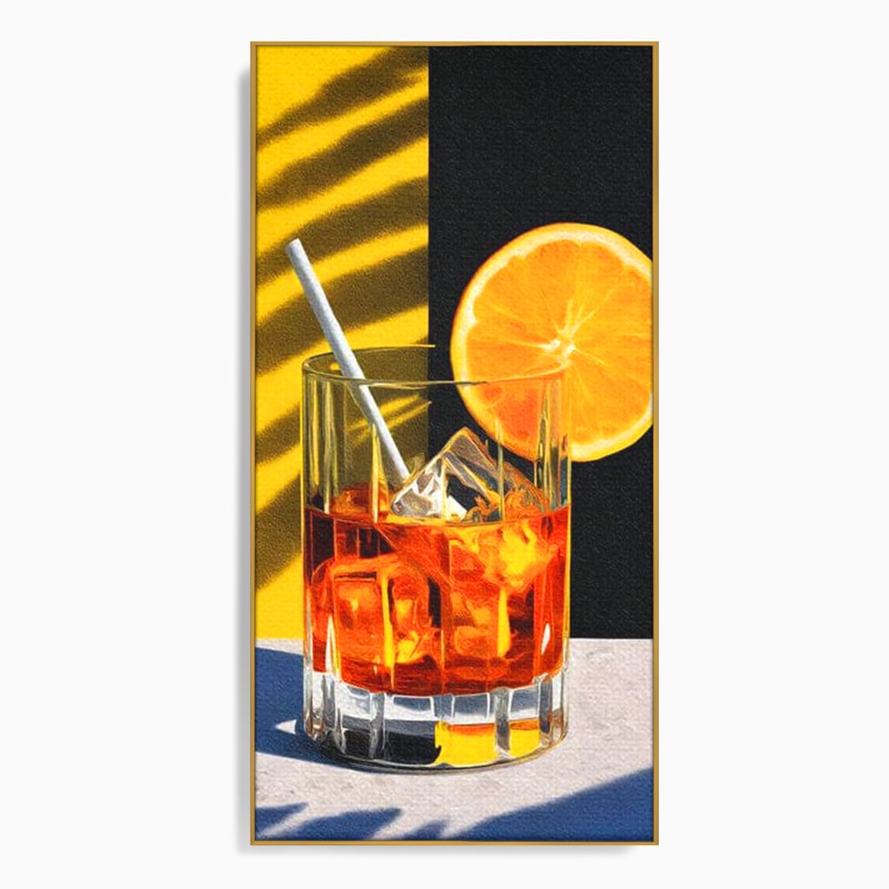 Tablou Canvas Premium, LuxCanva® N1075, Cocktailul Soarelui, Portocala, Felie, Pahar, Cocktail, Bautura, Gheata, Racoritor, Vara, Vacanta, Pub, Bar, Lounge, Restaurant, Bucatarie