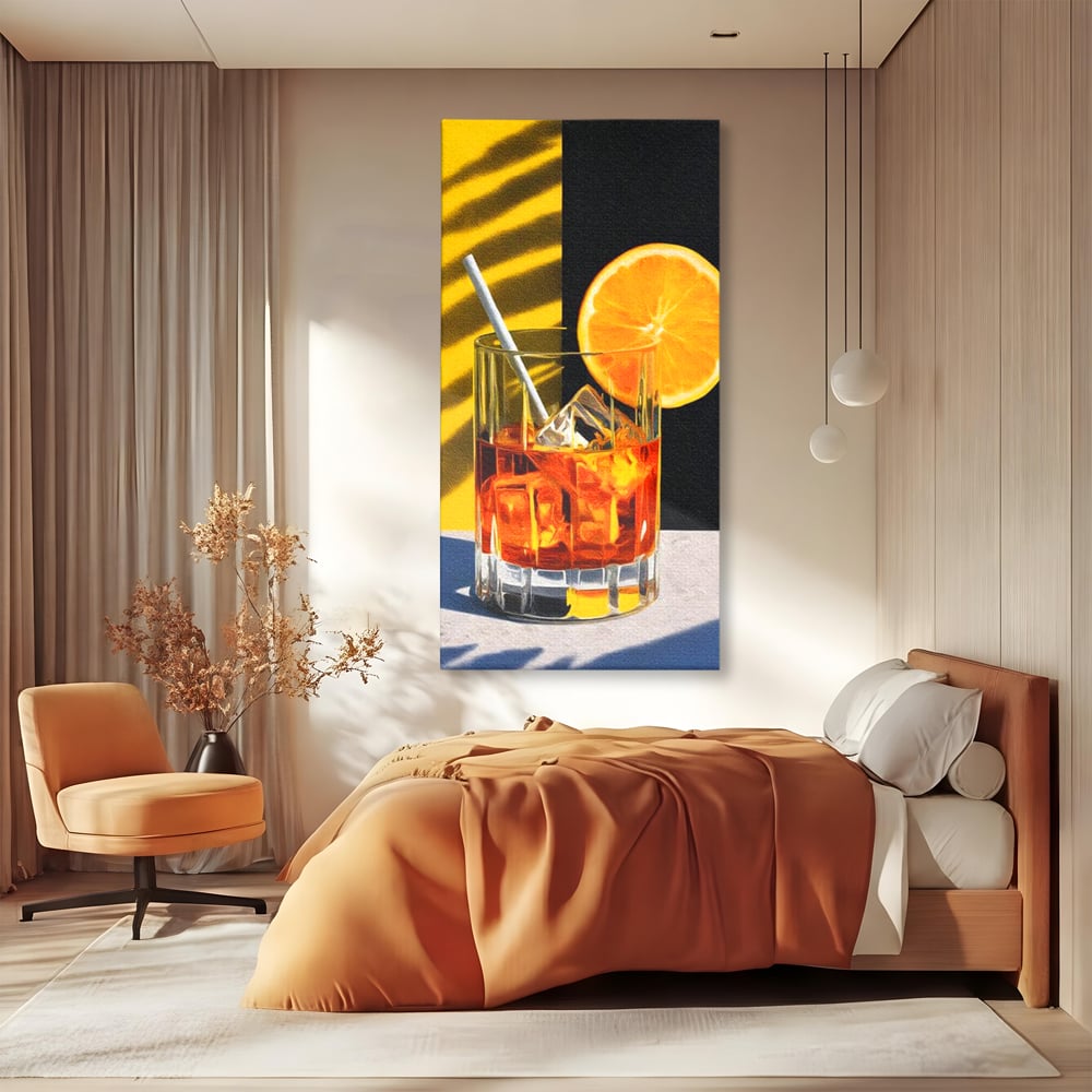 Tablou Canvas Premium, LuxCanva® N1075, Cocktailul Soarelui, Portocala, Felie, Pahar, Cocktail, Bautura, Gheata, Racoritor, Vara, Vacanta, Pub, Bar, Lounge, Restaurant, Bucatarie