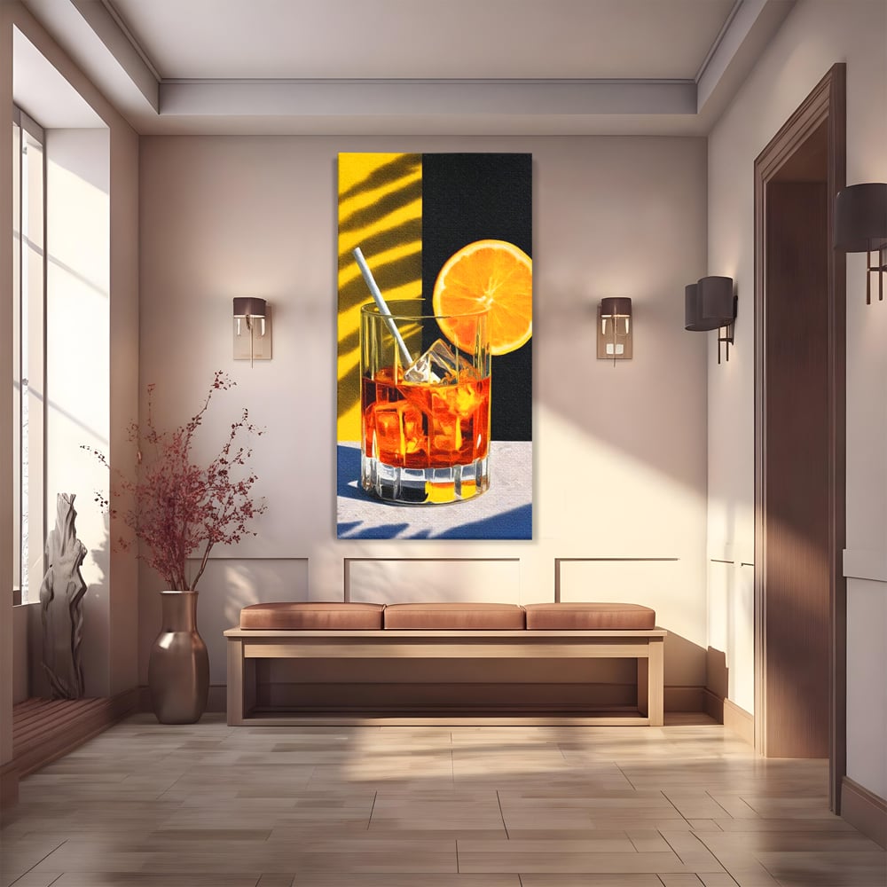 Tablou Canvas Premium, LuxCanva® N1075, Cocktailul Soarelui, Portocala, Felie, Pahar, Cocktail, Bautura, Gheata, Racoritor, Vara, Vacanta, Pub, Bar, Lounge, Restaurant, Bucatarie