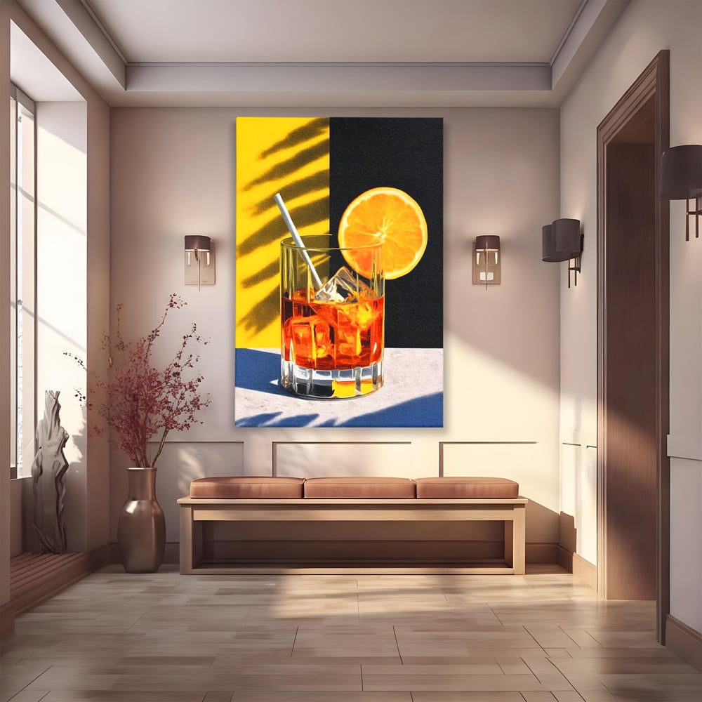 Tablou Canvas Premium, LuxCanva® N1075, Cocktailul Soarelui, Portocala, Felie, Pahar, Cocktail, Bautura, Gheata, Racoritor, Vara, Vacanta, Pub, Bar, Lounge, Restaurant, Bucatarie