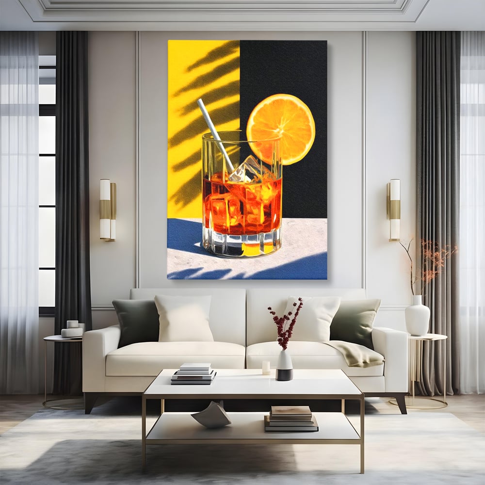Tablou Canvas Premium, LuxCanva® N1075, Cocktailul Soarelui, Portocala, Felie, Pahar, Cocktail, Bautura, Gheata, Racoritor, Vara, Vacanta, Pub, Bar, Lounge, Restaurant, Bucatarie