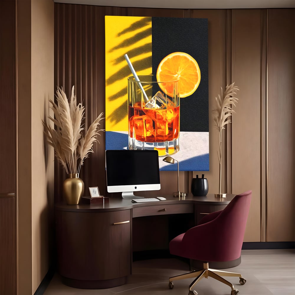 Tablou Canvas Premium, LuxCanva® N1075, Cocktailul Soarelui, Portocala, Felie, Pahar, Cocktail, Bautura, Gheata, Racoritor, Vara, Vacanta, Pub, Bar, Lounge, Restaurant, Bucatarie
