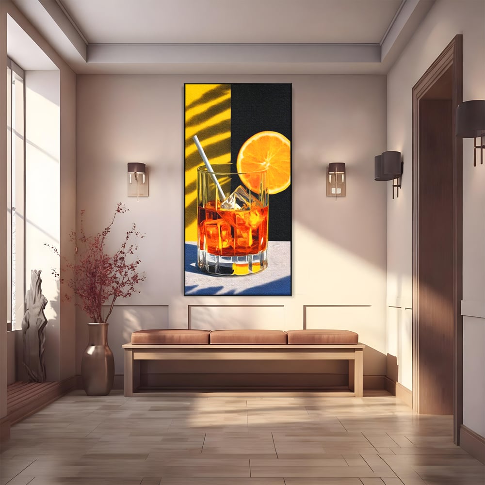 Tablou Canvas Premium, LuxCanva® N1075, Cocktailul Soarelui, Portocala, Felie, Pahar, Cocktail, Bautura, Gheata, Racoritor, Vara, Vacanta, Pub, Bar, Lounge, Restaurant, Bucatarie