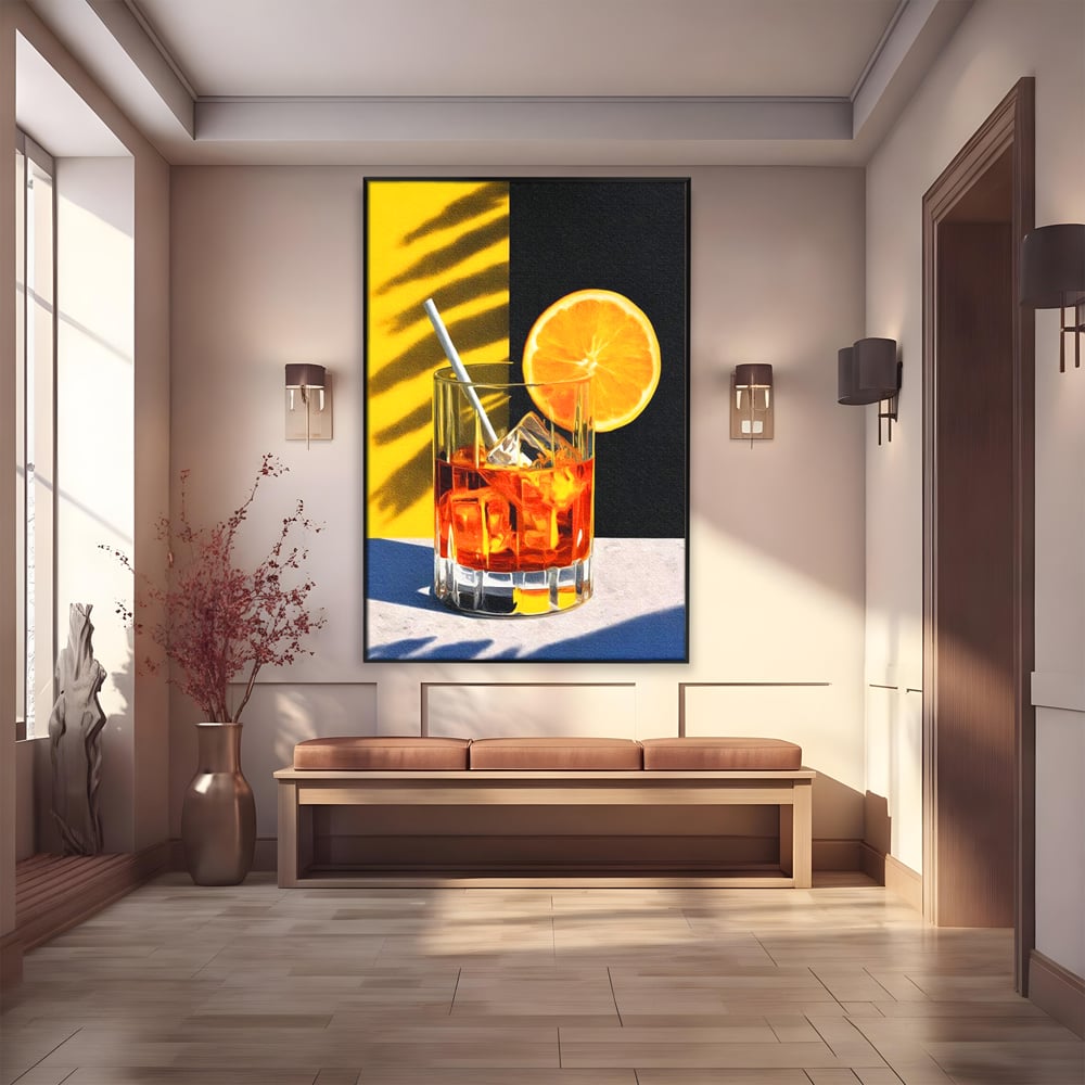 Tablou Canvas Premium, LuxCanva® N1075, Cocktailul Soarelui, Portocala, Felie, Pahar, Cocktail, Bautura, Gheata, Racoritor, Vara, Vacanta, Pub, Bar, Lounge, Restaurant, Bucatarie