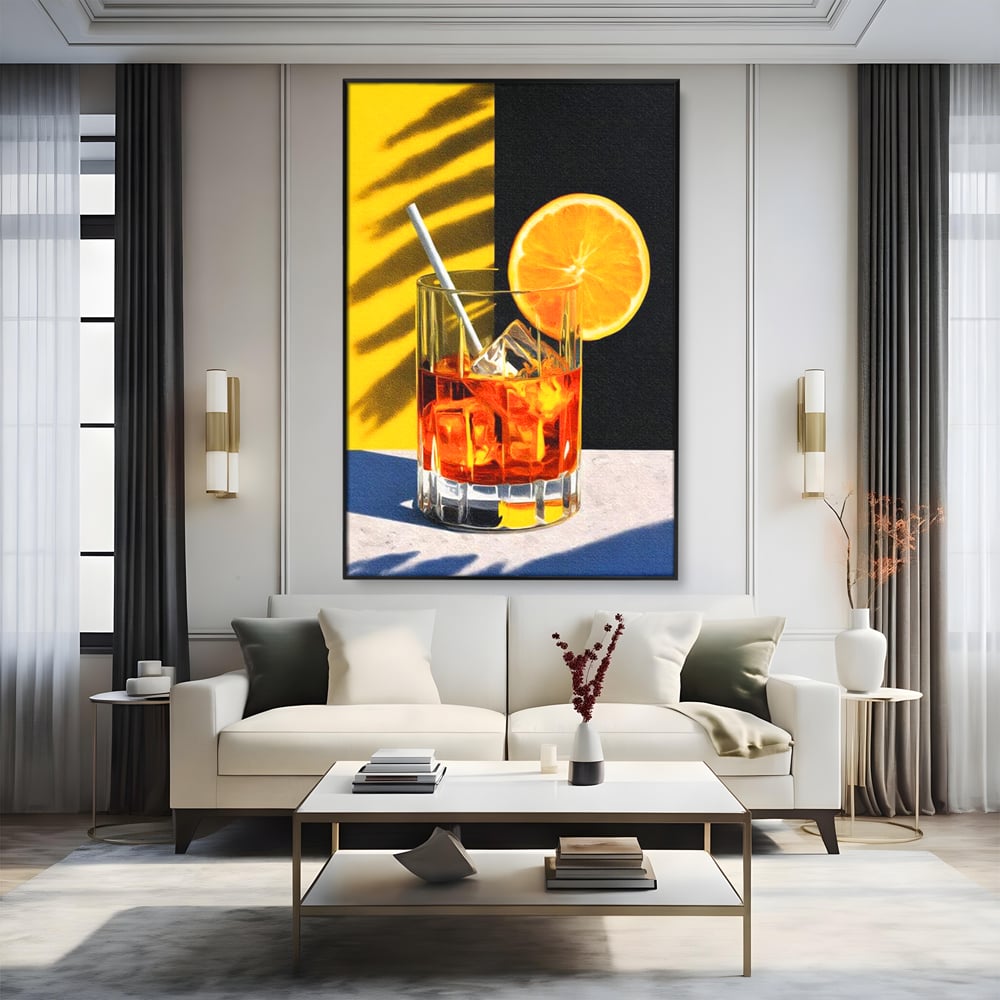 Tablou Canvas Premium, LuxCanva® N1075, Cocktailul Soarelui, Portocala, Felie, Pahar, Cocktail, Bautura, Gheata, Racoritor, Vara, Vacanta, Pub, Bar, Lounge, Restaurant, Bucatarie